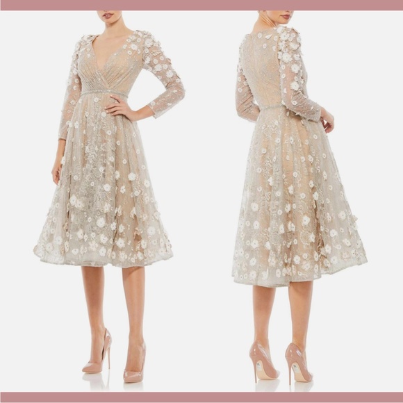 Mac Duggal Beige Floral Long Sleeve Dress - Picture 2 of 14